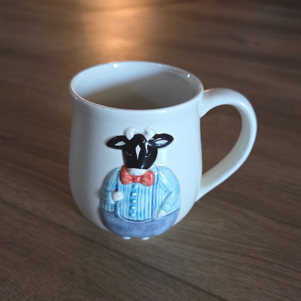 Vintage Otagiri Japan Cow Mug 3D Embossed Hand Painted Ceramic Farmhouse